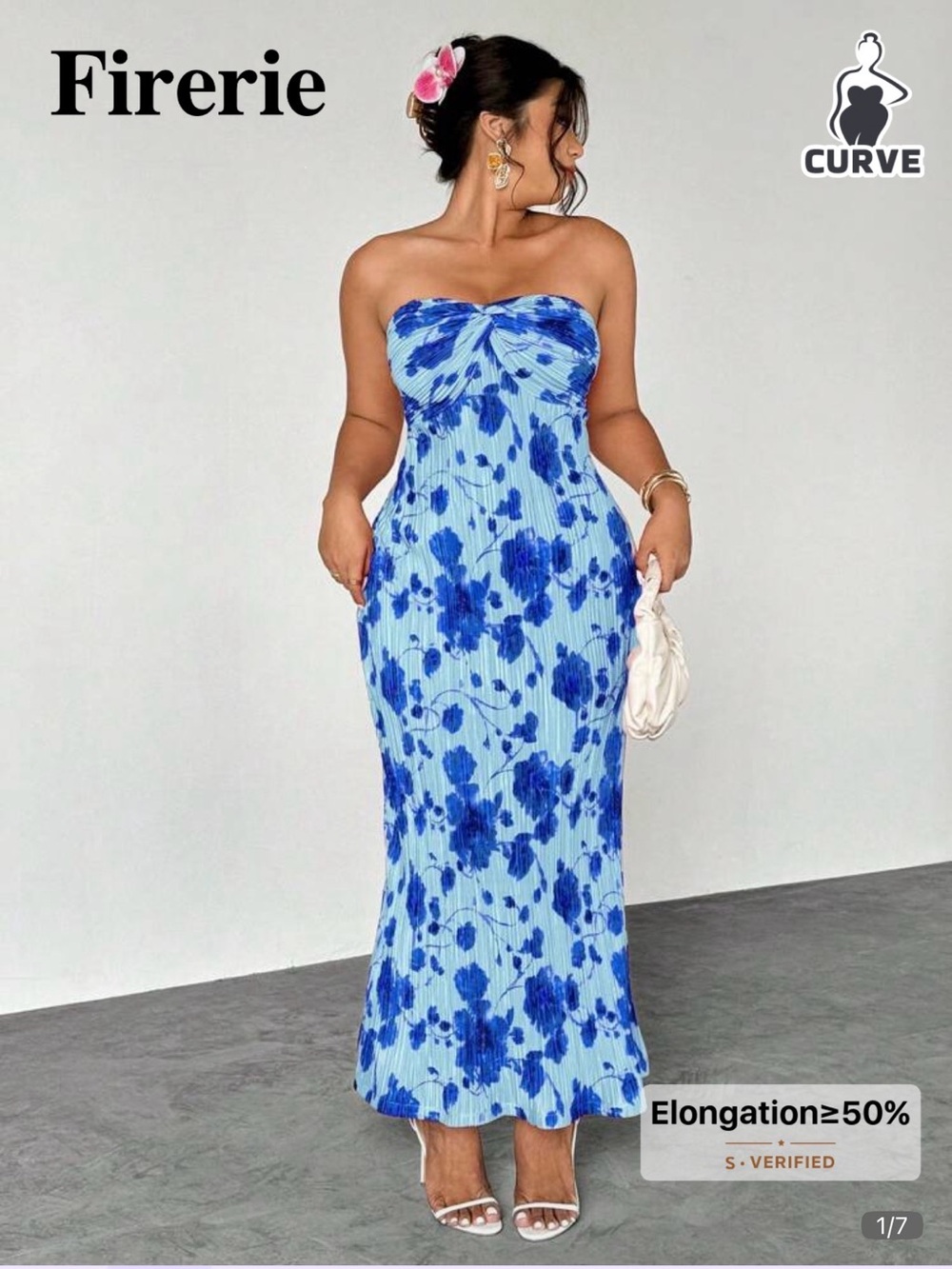 Curve Strapless Blue Floral Maxi Dress